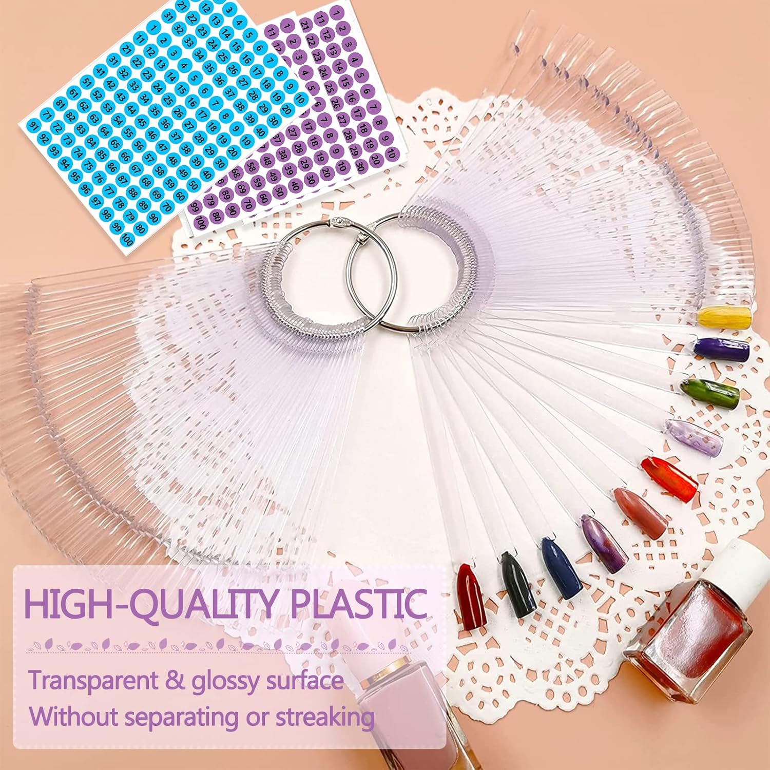 BQAN 200 Pcs Nail Swatch Sticks with Ring – Nail Supplies, Stuff, Tools & Accessories for Color Display and Practice, Includes 4 Pack Number Stickers, Nails Thing for Home & Salon Manicure