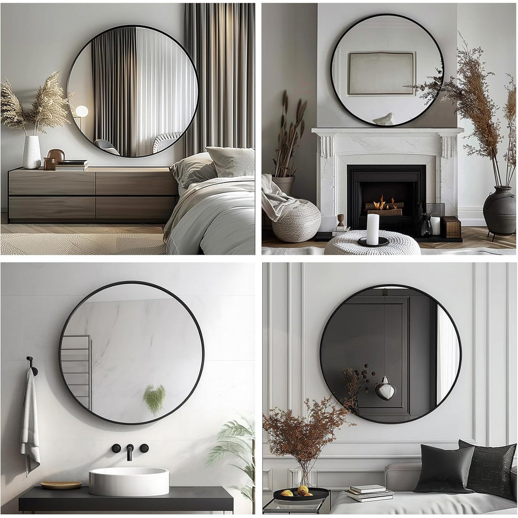 Black Round Mirror, Round Mirror 24 Inch, Black Circle Mirrors Matte Metal Frame, Wall Mounted Mirrors For Living Room, Bathroom, Wall, Entryway.