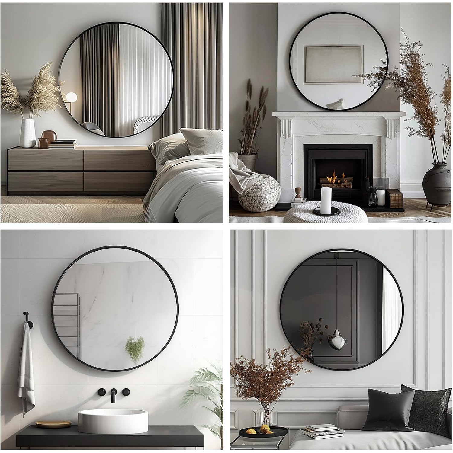 Black Round Mirror, Round Mirror 24 Inch, Black Circle Mirrors Matte Metal Frame, Wall Mounted Mirrors For Living Room, Bathroom, Wall, Entryway.