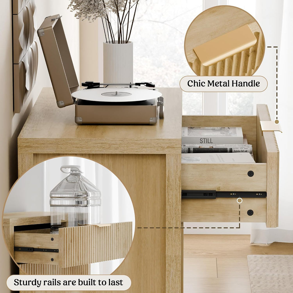 Fluted Buffet Cabinet For Kitchen, 28.3" Sideboard Cabinet Natural | Adjustable Shelves, Quiet Full-Extension Slides, Curved Metal Handle, Coffee Bar With Drawers For Dining Room, Entryway