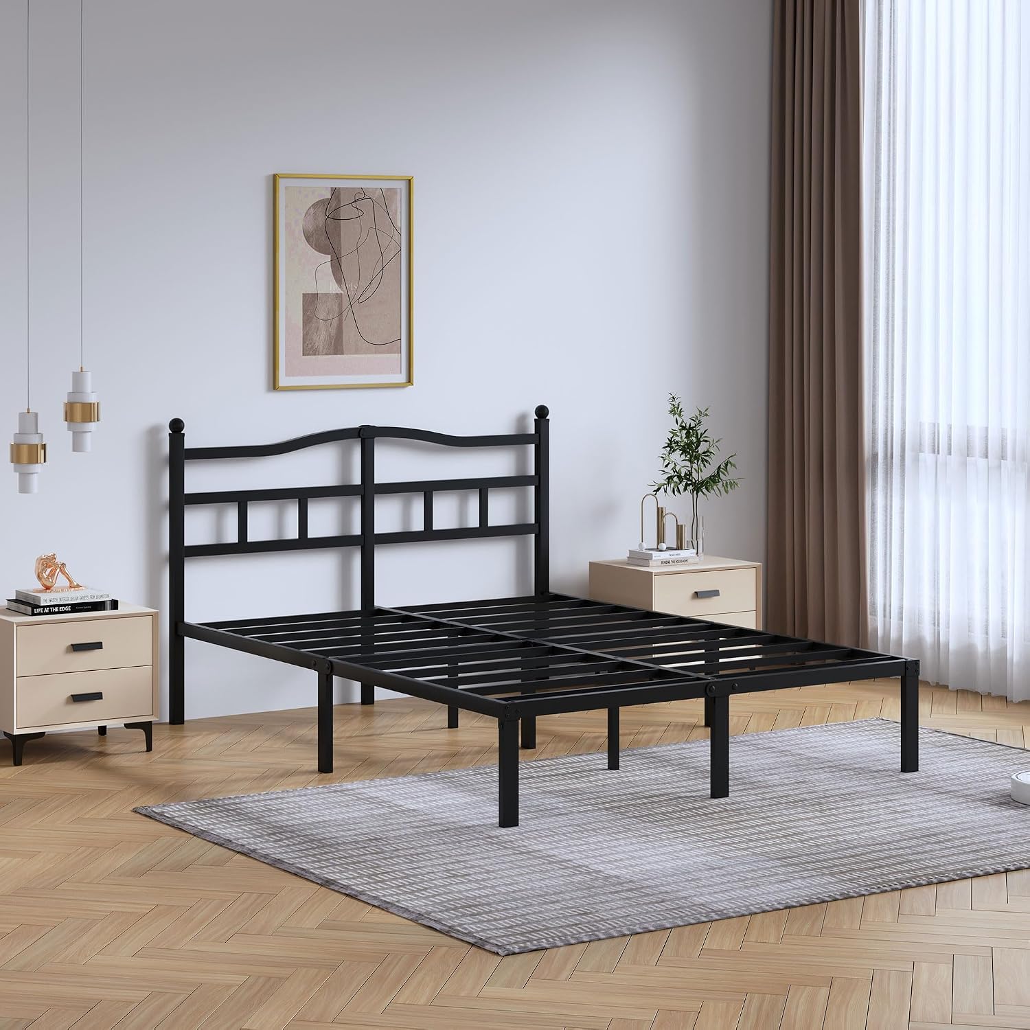14 Inch Metal Bed Frame - Queen Size Heavy Duty Bedframe With Headboard Black Basic Steel Slats Platform No Box Spring Needed/Easy Assembly/Noise Free