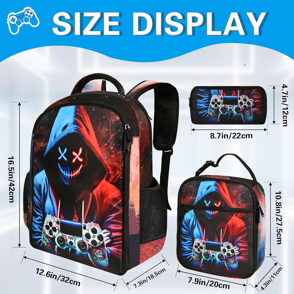 Boys Backpack With Lunch Box And Pencil Case, 3Pcs Gamer Backpack For Boys Teens, 17 Inch Large Capacity