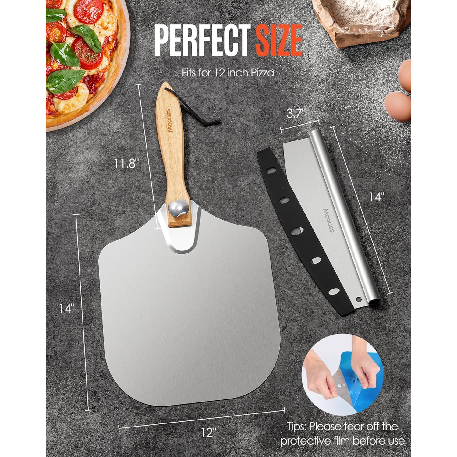 Pizza Peel Aluminum Pizza Spatula, Mooues 12 Inch Metal Pizza Paddle(12"X 14")With Rocker Cutter Foldable Wood Handle, [Storage Bag Included], For Family Pizza Oven Baking Pizza, Dough, Bread & Pastry