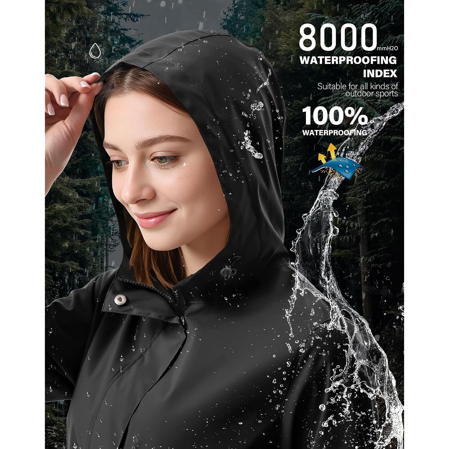 Women'S Long Rain Jacket Waterproof Lightweight Packable Raincoat Hood Windbreaker For Outdoor Hiking, Cycling, Travel
