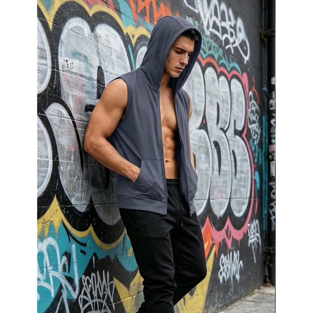 Men'S Workout Hooded Tank Tops Fashion Muscle Zip Up Sleeveless Hooded Slim Fit Gym Cut Off T Shirt