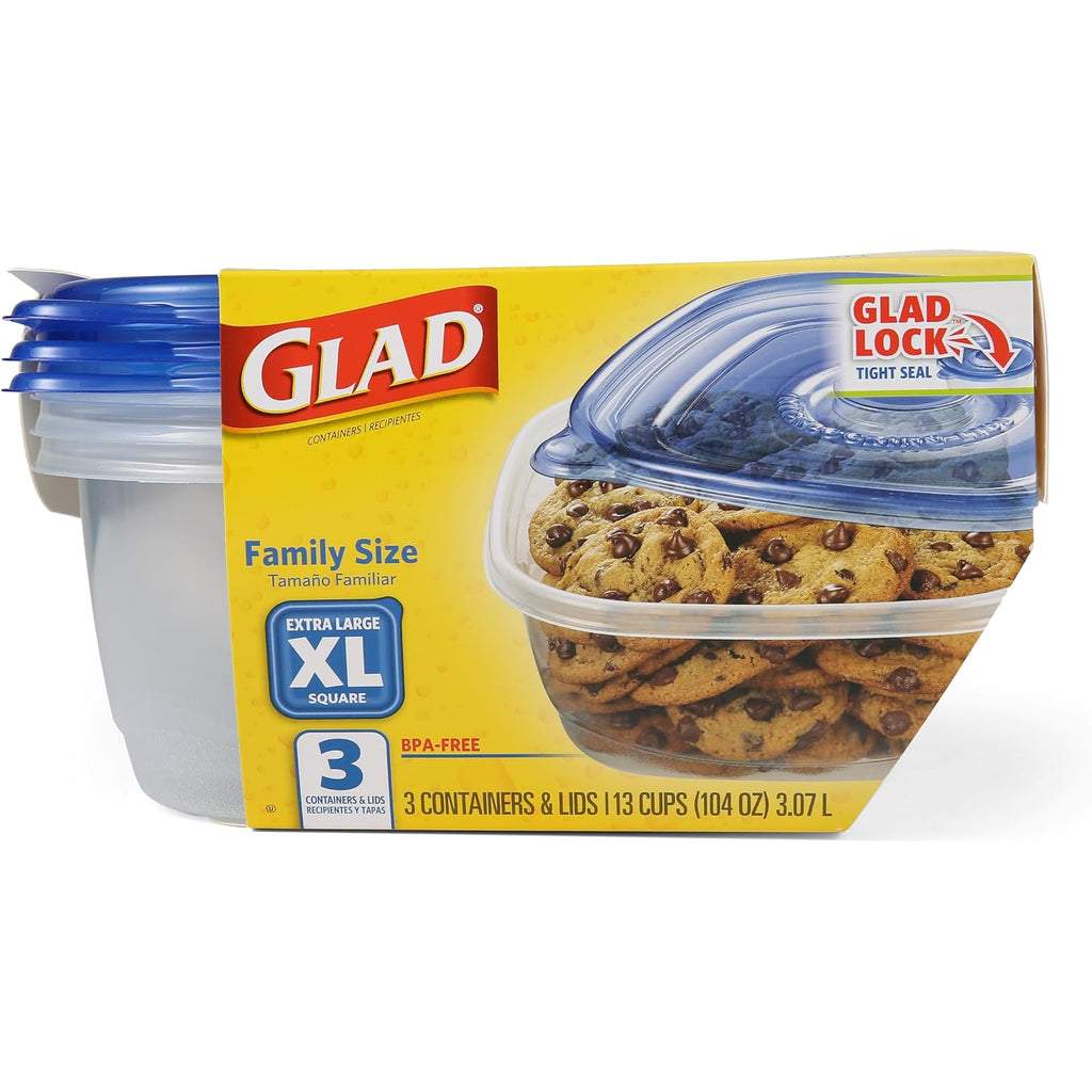 Glad Gladware Xl Square Food Storage Containers With Lock Tight Lids, Bpa-Free Family Size Plastic Containers For Leftovers, Meal Prep, And Freezer Storage, Dishwasher Safe, 104 Oz, 3 Count