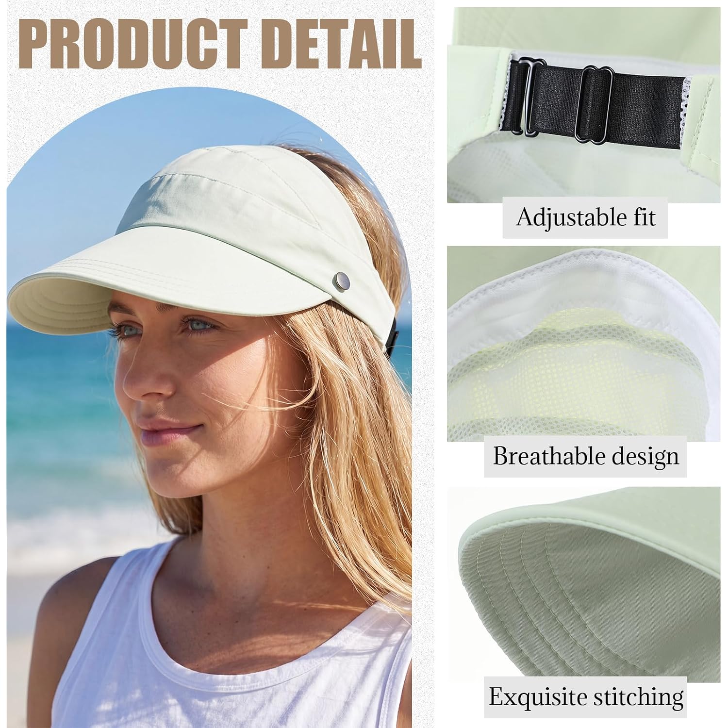 2 Pack Women Sun Hat UV Protection Hiking Fishing Hats Wide Brim Hat Adjustable Ponytail Packable Cap for Outdoor Khaki, Mint Green