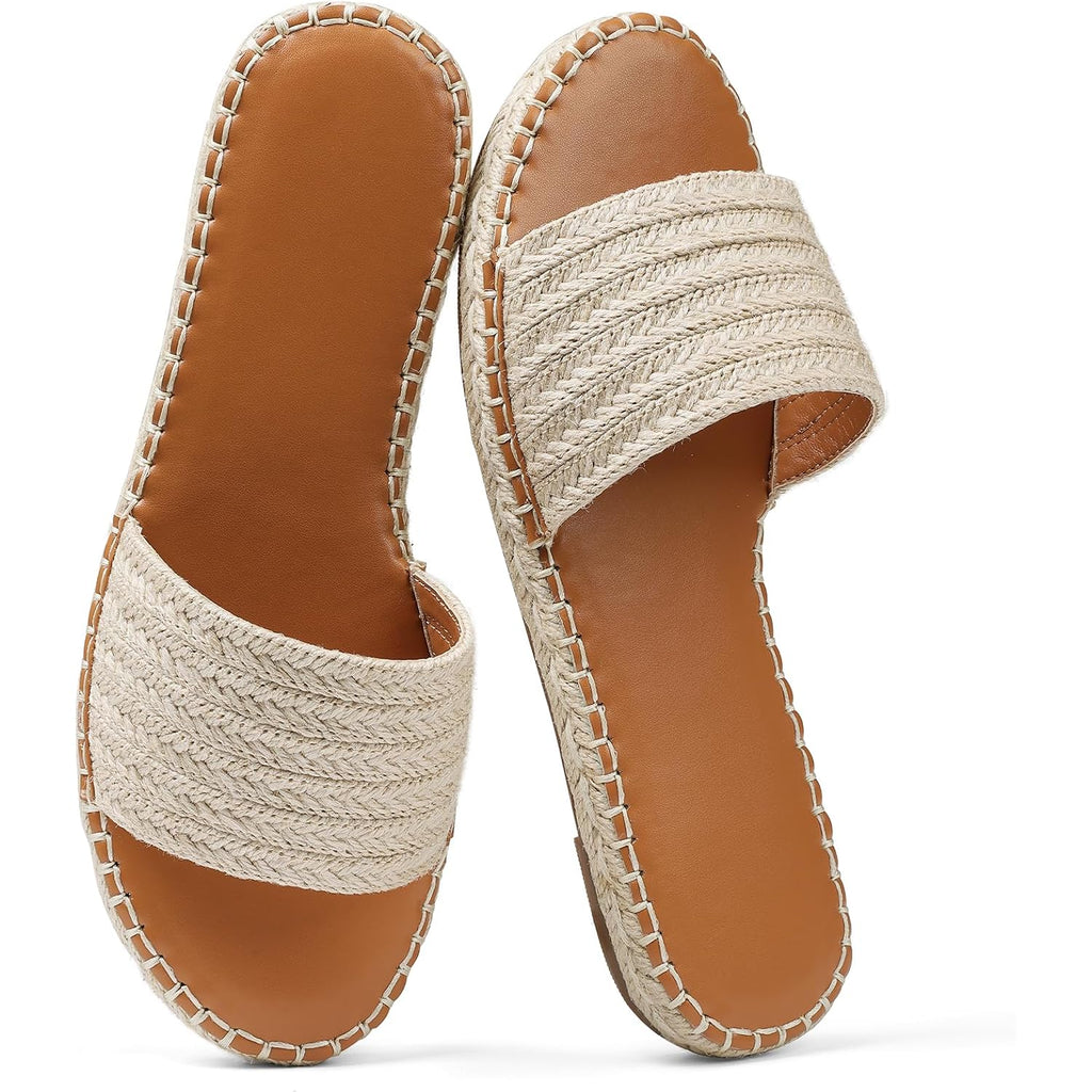 Womens Flat Sandals Dressy Summer Slip On Resort Womens Sandals Raffia Beach Sandals Open Toe Espadrille Slides