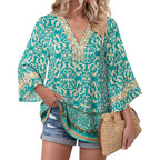 Bebonnie Womens 3/4 Sleeve Embroidered V Neck Boho Blouses Old Money Dressy Casual Tunic Tops