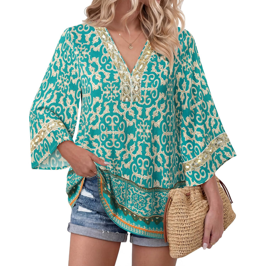 Bebonnie Womens 3/4 Sleeve Embroidered V Neck Boho Blouses Old Money Dressy Casual Tunic Tops