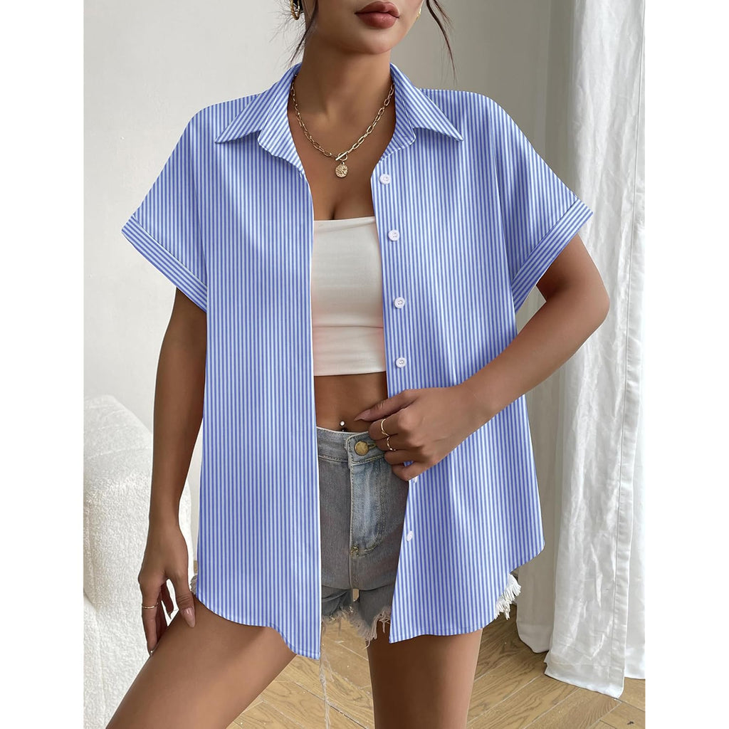 Short Sleeve Summer Tops for Women Casual Button Down Shirts Solid/Striped Business Work Blouses