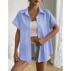 Short Sleeve Summer Tops for Women Casual Button Down Shirts Solid/Striped Business Work Blouses