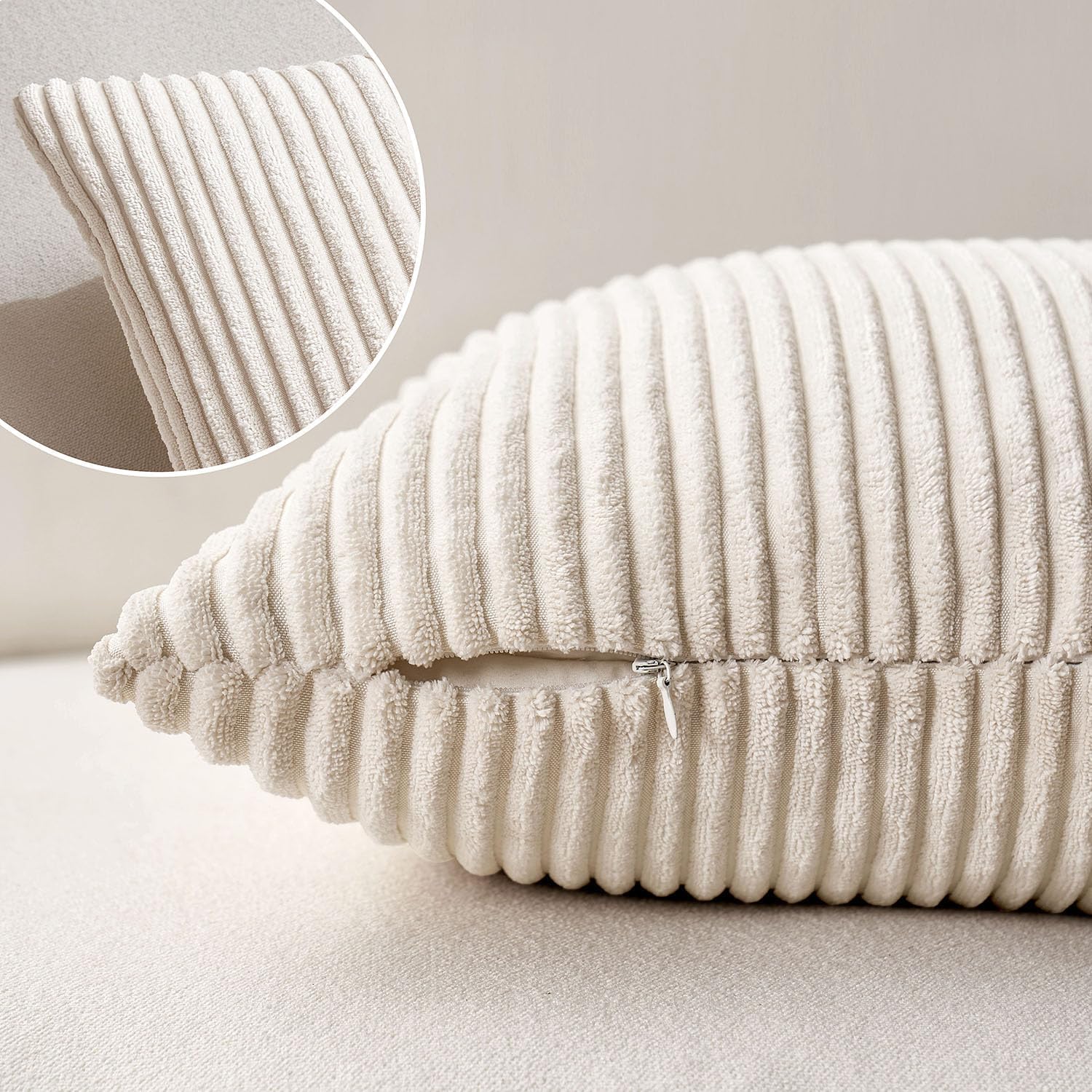 Miulee Decorative Corduroy Throw Pillow Covers Set Of 2 18X18 Cream White | Soft Solid Striped Textured Cushion Cases For Couch Chair Sofa Bed Living Room Boho Square Pillowcases For Home Decor