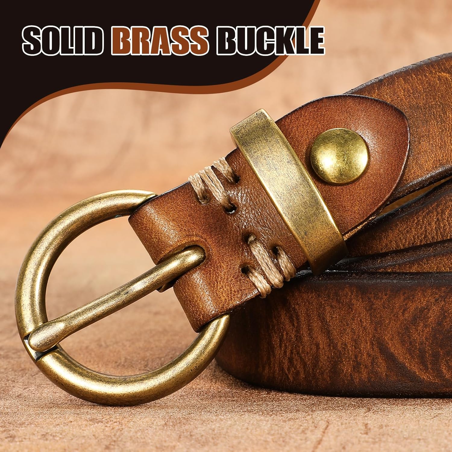 SANSTHS Womens Genuine Leather Belts for Jeans Pants Trendy Vintage Thin Leather Belt Gold Buckle Ladies Skinny Waist Belt