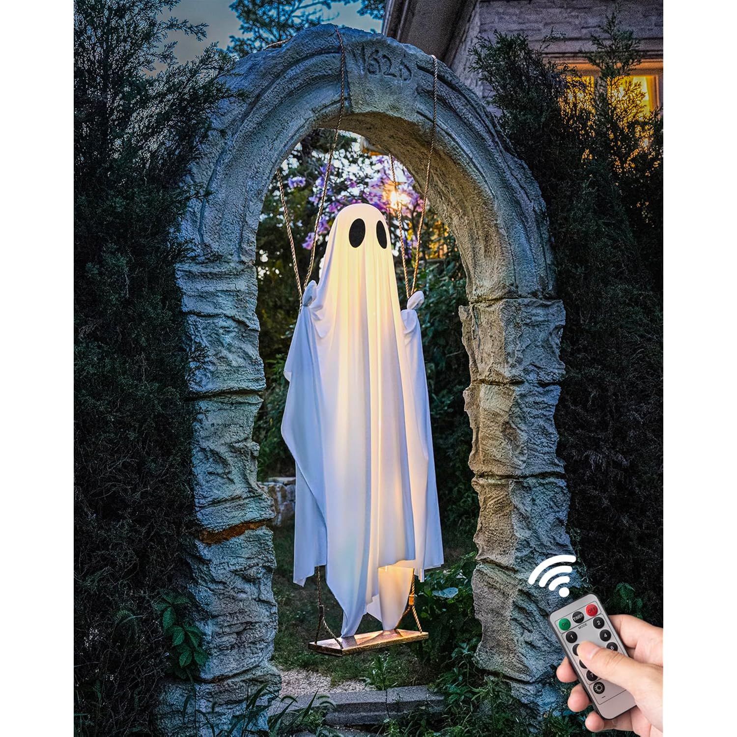 Halloween Decorations Outdoor - 5 Ft Large Hanging Swing Ghost Halloween Decor With String Lights, Spooky Cute Ghosts Decorations For Front Porch Yard Tree