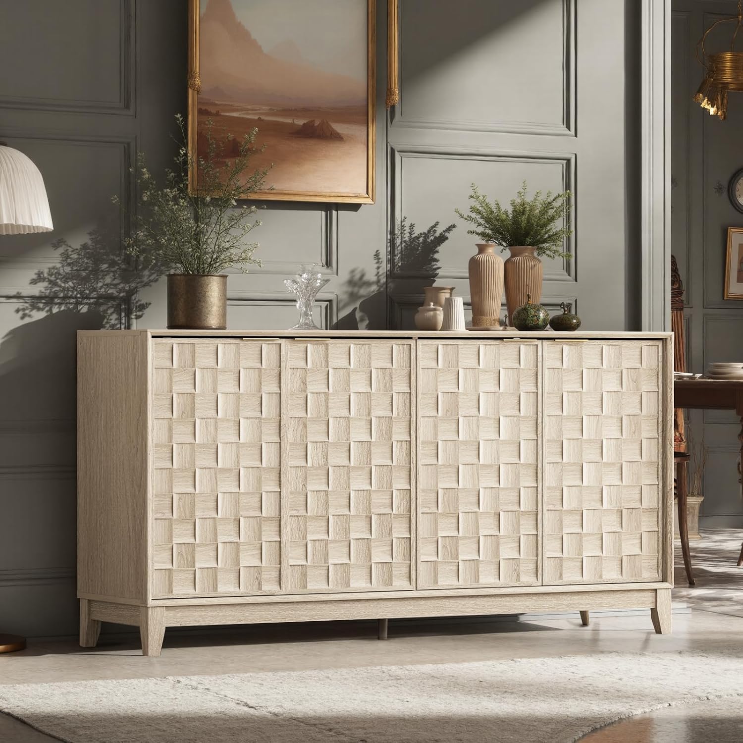 Colamy Fluted Sideboard Cabinet With Storage – Solid Wood Buffet For Dining Room, Credenza Console With Adjustable Shelves, Walnut Finish, Mid Century Modern Style,Oak White