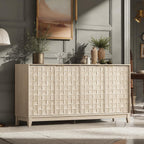 Colamy Fluted Sideboard Cabinet With Storage – Solid Wood Buffet For Dining Room, Credenza Console With Adjustable Shelves, Walnut Finish, Mid Century Modern Style,Oak White