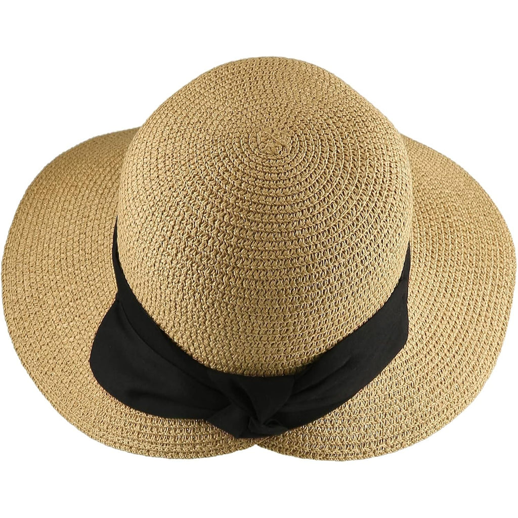 Womens Straw Sun Hat Wide Brim Foldable Panama Roll up Cap Fedora Beach Sun Hat UPF50+ Coffee