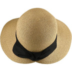 Womens Straw Sun Hat Wide Brim Foldable Panama Roll up Cap Fedora Beach Sun Hat UPF50+ Coffee