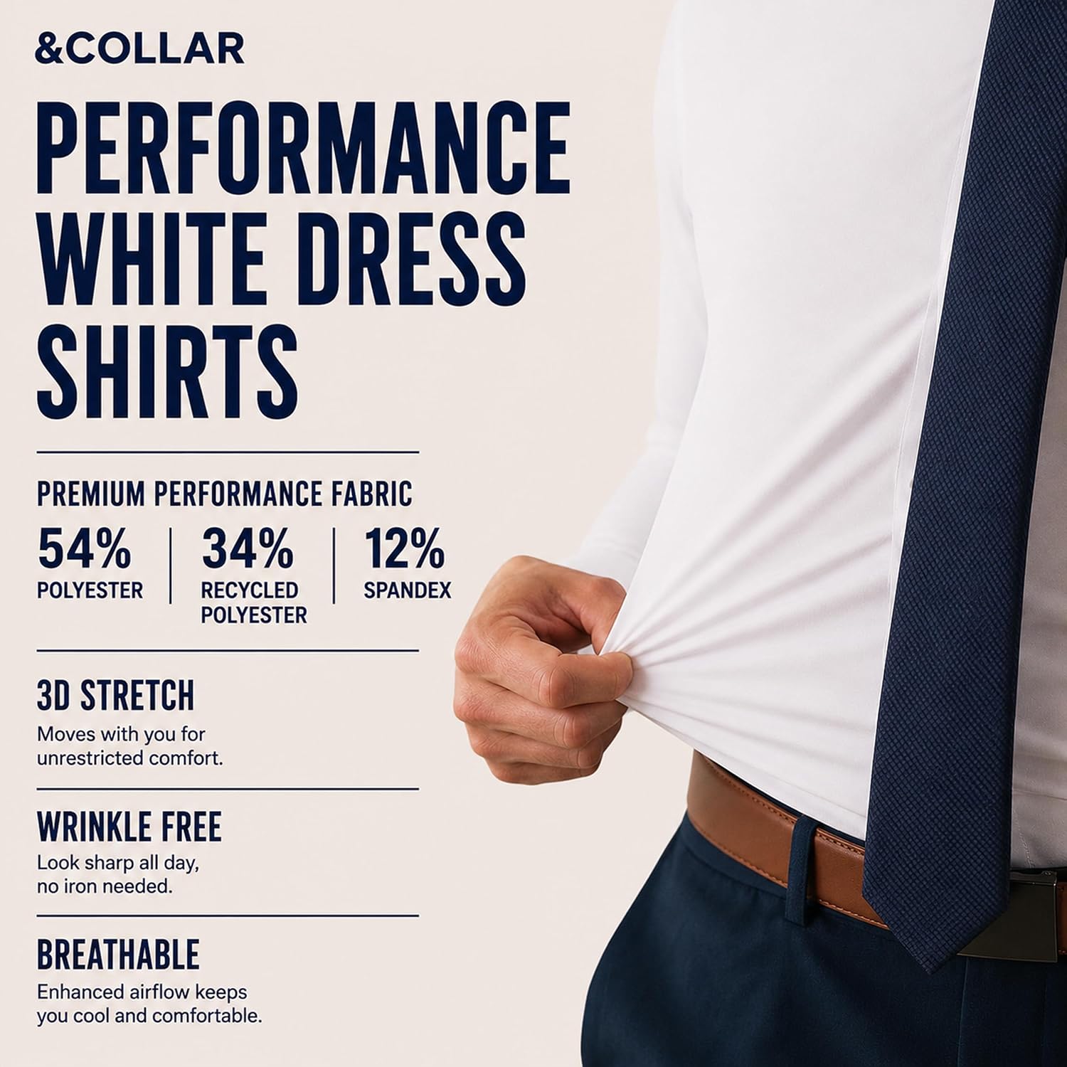 &Collar Mens Long Sleeve White Dress Shirt, 4-Way Stretch, Wrinkle Free