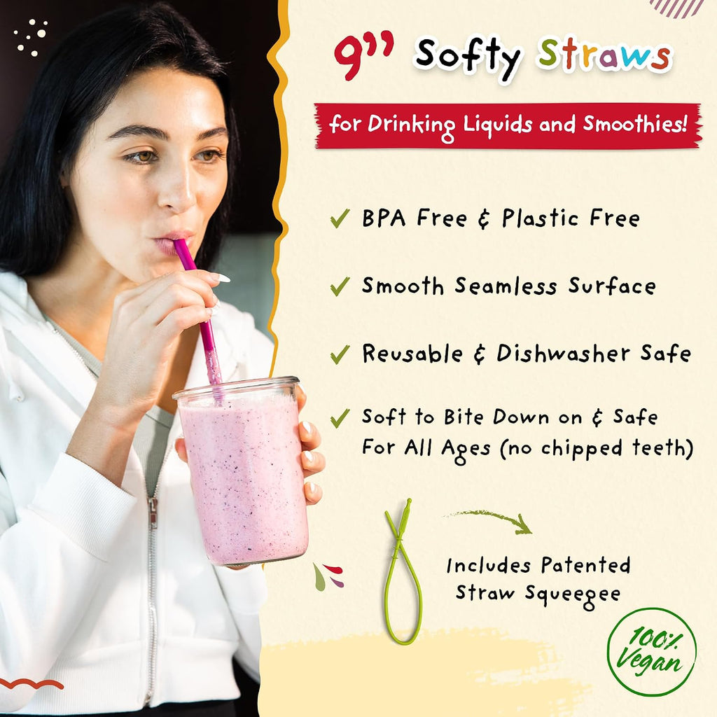 Wide Premium Reusable Silicone Drinking Straws + Patented Straw Squeegee - 9” Long With Curved Bend For 20 30 32 Oz Tumblers Non Rubber, Flexible, Safe For Kids/Toddlers, Smoothie
