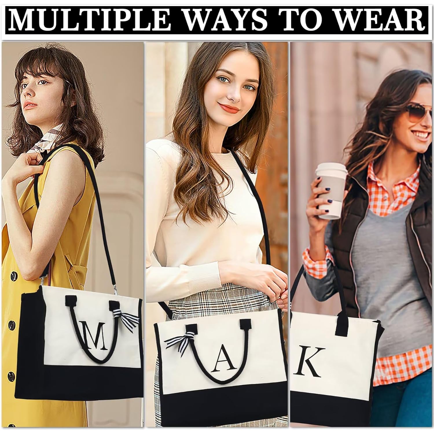 YOOLIFE Birthday Gifts for Women - Initial Canvas Tote Bag & Makeup Bag Monogrammed Beach Bag for Women Mom Sister Friends