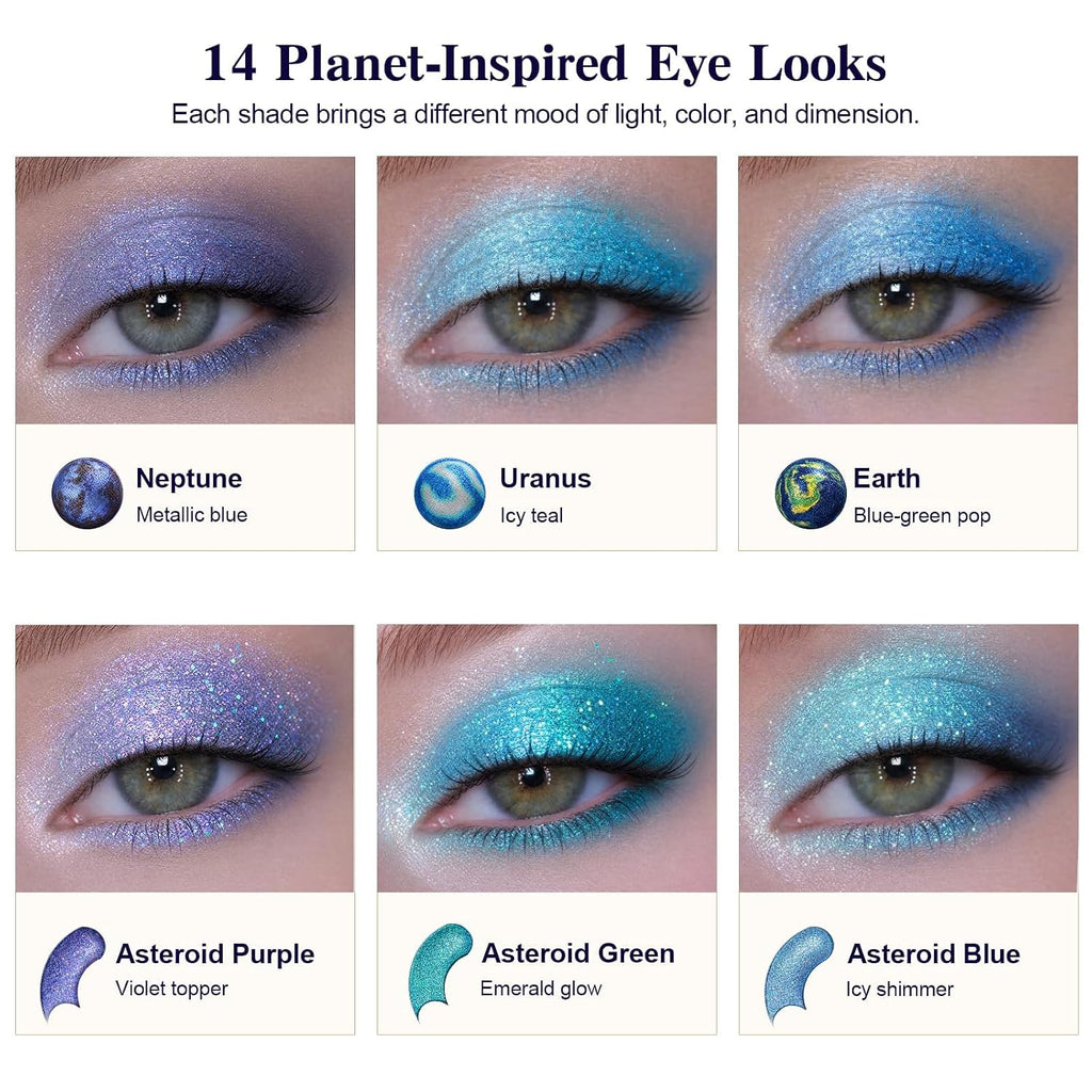 Tintark Galactic Assemble Eyeshadow Palette, 14 Solar System Shimmer Shades, 3D Planet Design, Wet Pressed Metallic Powder, Talc Free Vegan Galaxy Makeup Gift For Women Teens