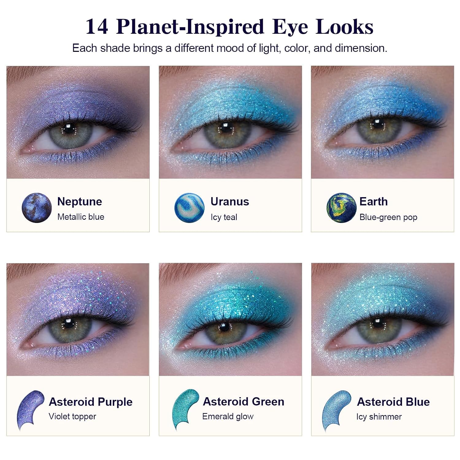 Tintark Galactic Assemble Eyeshadow Palette, 14 Solar System Shimmer Shades, 3D Planet Design, Wet Pressed Metallic Powder, Talc Free Vegan Galaxy Makeup Gift For Women Teens