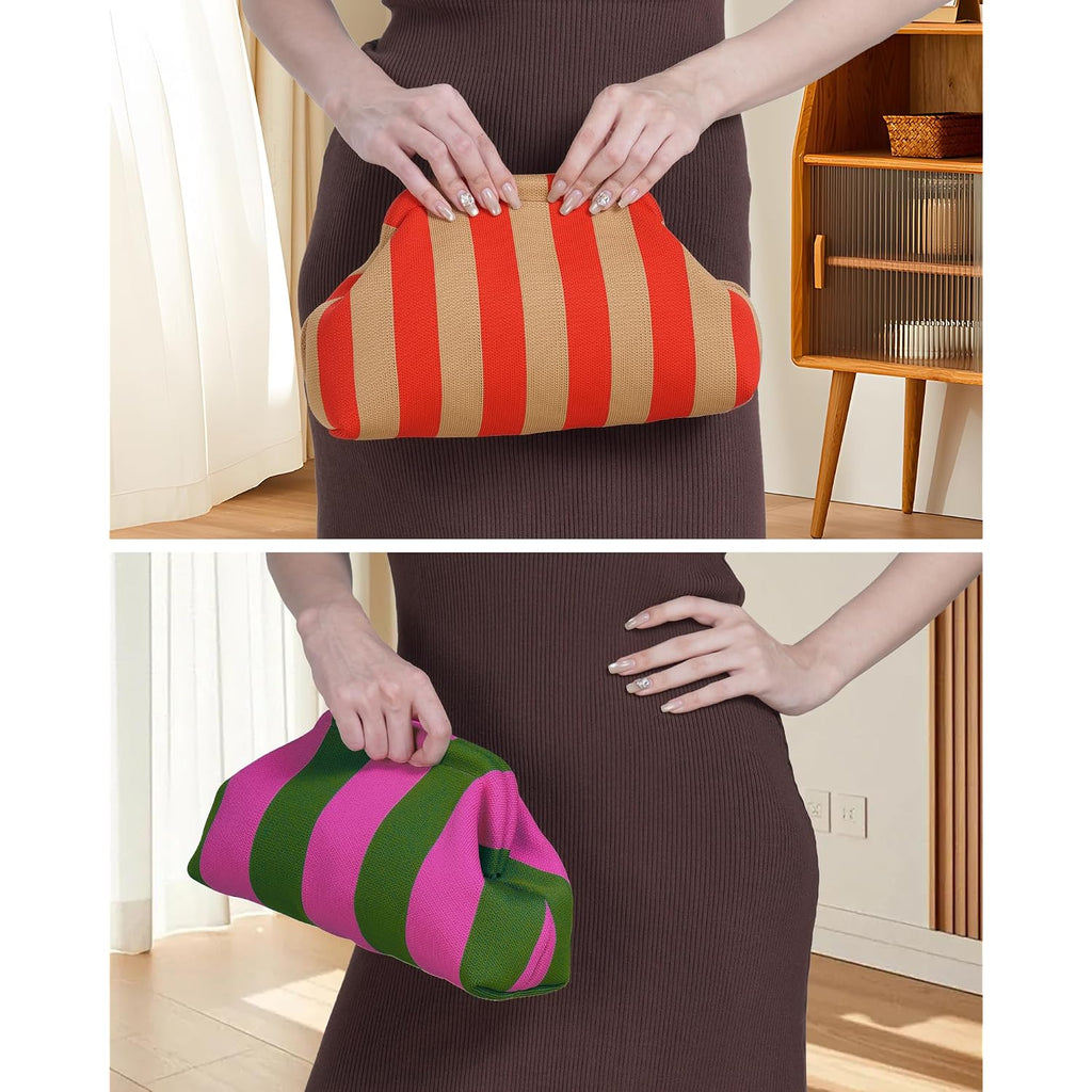 Woven Clutch Purses For Woman,Summer Beach Purse For Vacation, Woven Striped Dumpling Bag,Crochet Evening Handbag