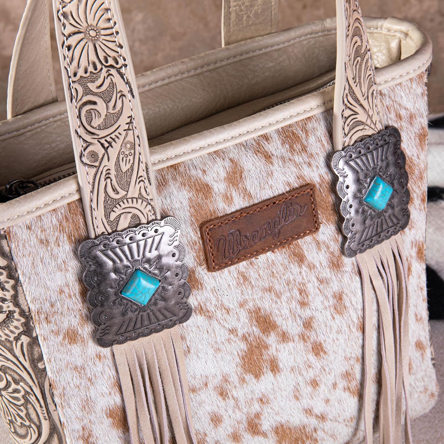 Montana West Wrangler Cowhide Tote Bag For Women Western Tooling Handbag Leather Fringing With Turquoise Stone Concho