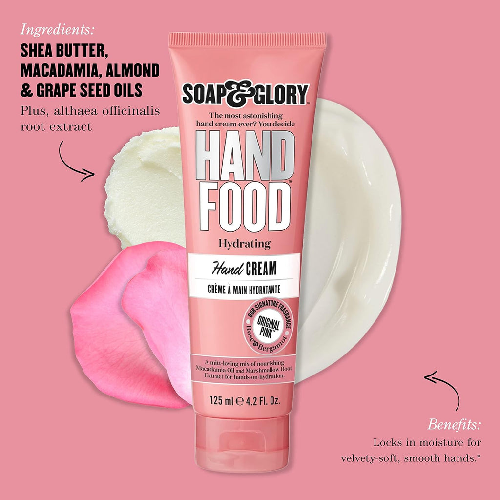 Soap & Glory Hand Food Hand Cream - Almond Oil + Shea Butter Hydrating Cuticle & Hand Moisturizer - Rose & Bergamot Scented Hand Cream for Dry Hands (125 ml)