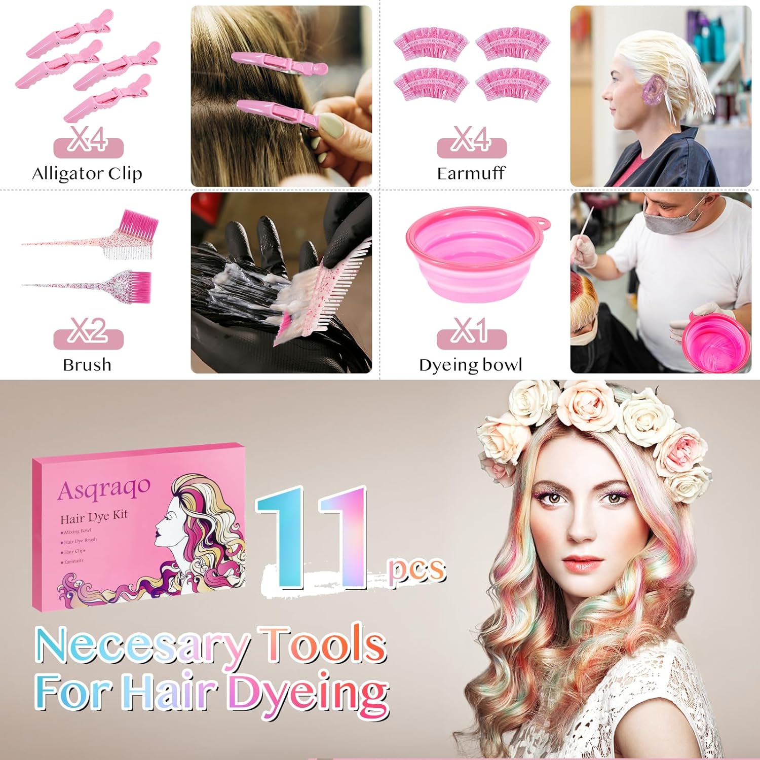 Asqraqo 11pcs Hair Coloring Kit - Professional Salon Tools for DIY Mixing, Includes Clips, Bowl, Dye Brush, Earmuffs - Perfect for Bleaching and Dye