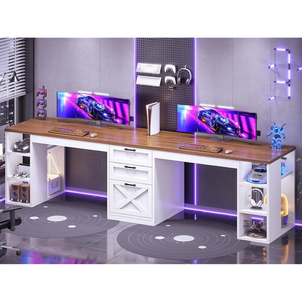 Sedeta Farmhouse 96.5" Computer Desk With Drawers, 2 Person Home Office Desk, Gaming Double Desk With Storage Shelves, Long Two Person Writing Desk (White And Brown)