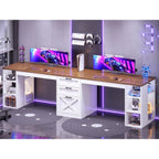 Sedeta Farmhouse 96.5" Computer Desk With Drawers, 2 Person Home Office Desk, Gaming Double Desk With Storage Shelves, Long Two Person Writing Desk (White And Brown)