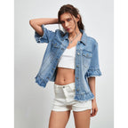 Short Sleeve Denim Jacket For Women Lightweight Blue Jean Jackets Ruffle Sleeve Denim Shirt Summer Top