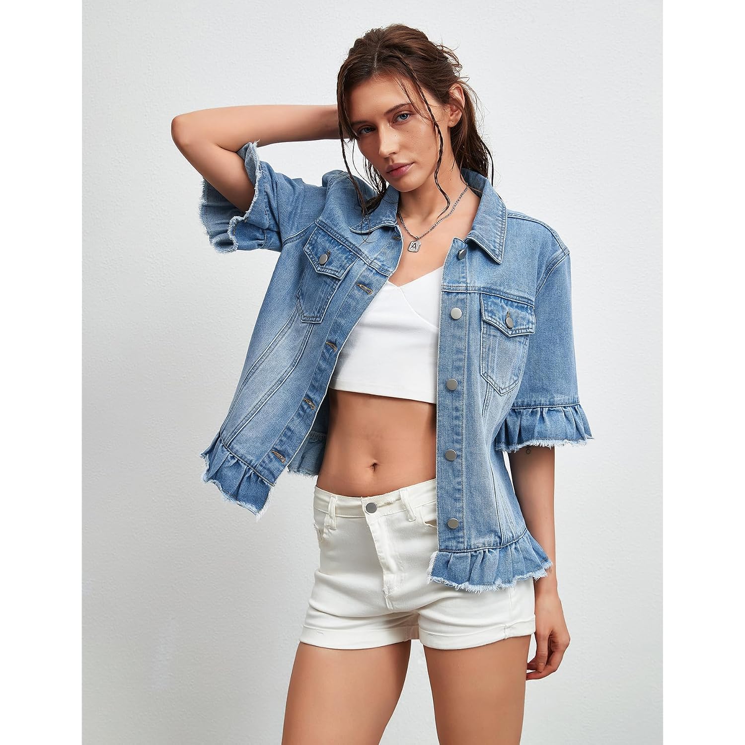 Short Sleeve Denim Jacket For Women Lightweight Blue Jean Jackets Ruffle Sleeve Denim Shirt Summer Top