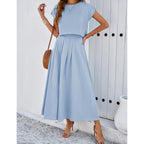 Hangnifang Summer Skirt Sets Women 2 Piece Outfits Cap Sleeve Top Elastic Waist Maxi Dress Sets With Pockets