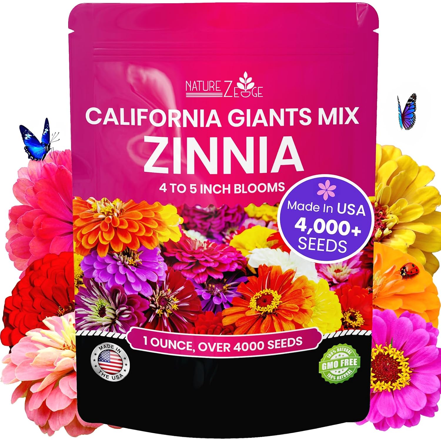 Naturez Edge Zinnia Seeds For 2026 Planting Outdoors, Over 4000 Flower Seeds, 1 Oz, Non Gmo Made In Usa, Bulk Semillas De Flores Para Sembrar, California Giants, Easy To Grow Zinnia Seed Mix