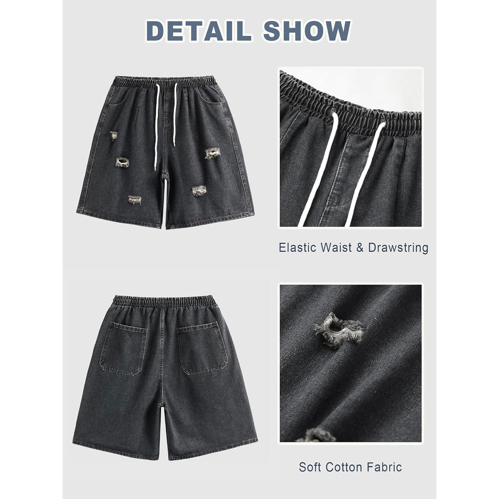 Emmiol Baggy Jean Shorts Men, Y2K Jorts Cargo Ripped Elastic Waist, Mens Denim Shorts Comfy Casual Streetwear Summer