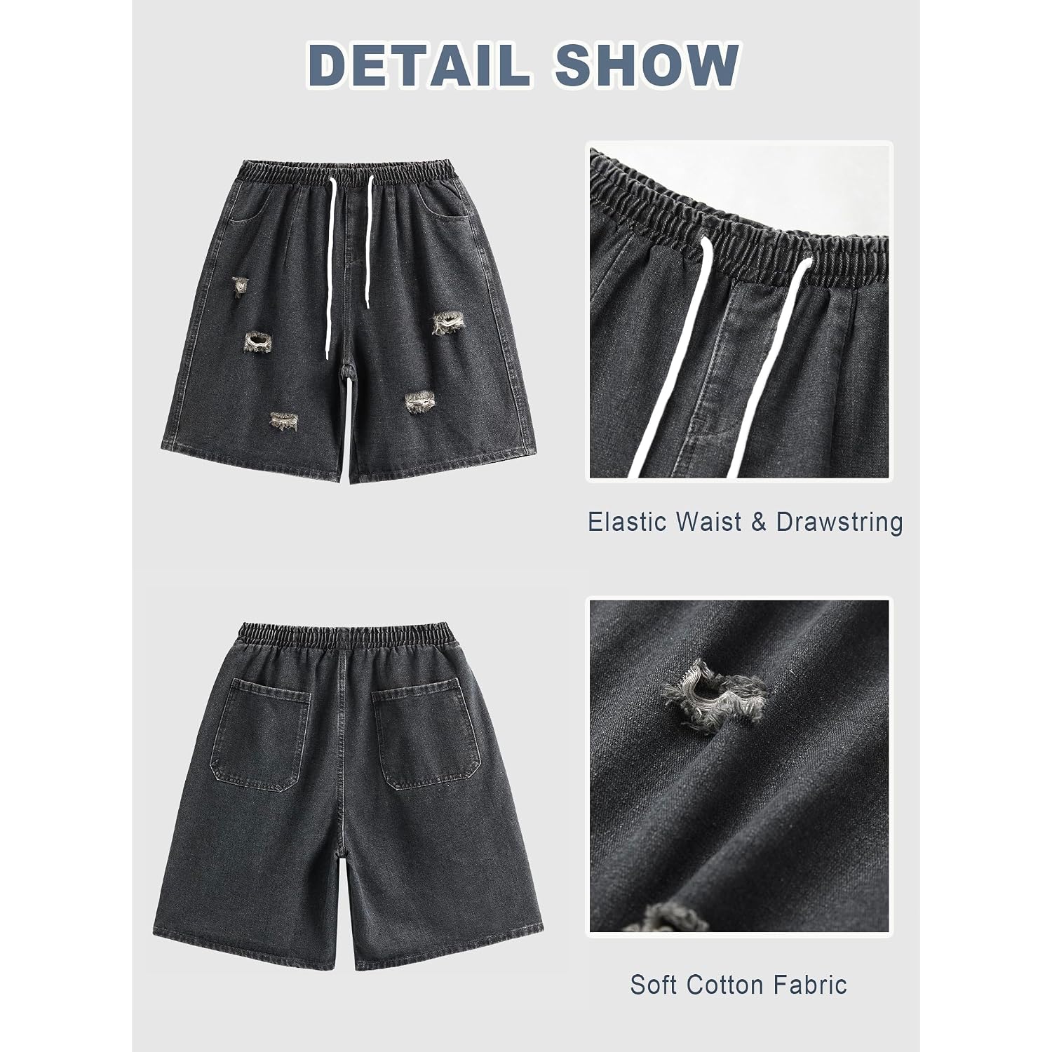 Emmiol Baggy Jean Shorts Men, Y2K Jorts Cargo Ripped Elastic Waist, Mens Denim Shorts Comfy Casual Streetwear Summer