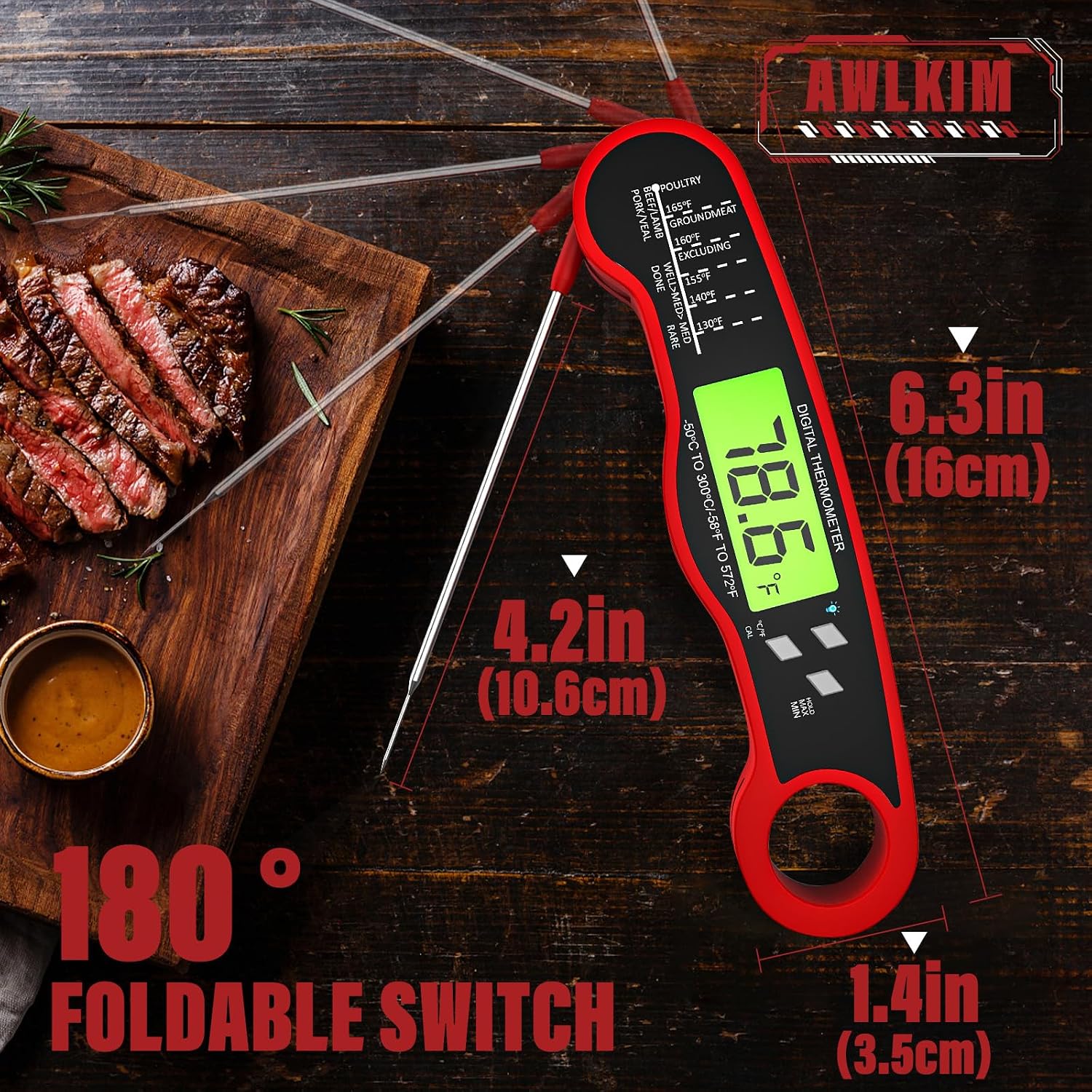 Meat Thermometer Digital, Instant Read Food Thermometer, Red | Waterproof Cooking Thermometer With Doneness Chart, Backlight, F/C Switch For Bbq, Candy, Oil