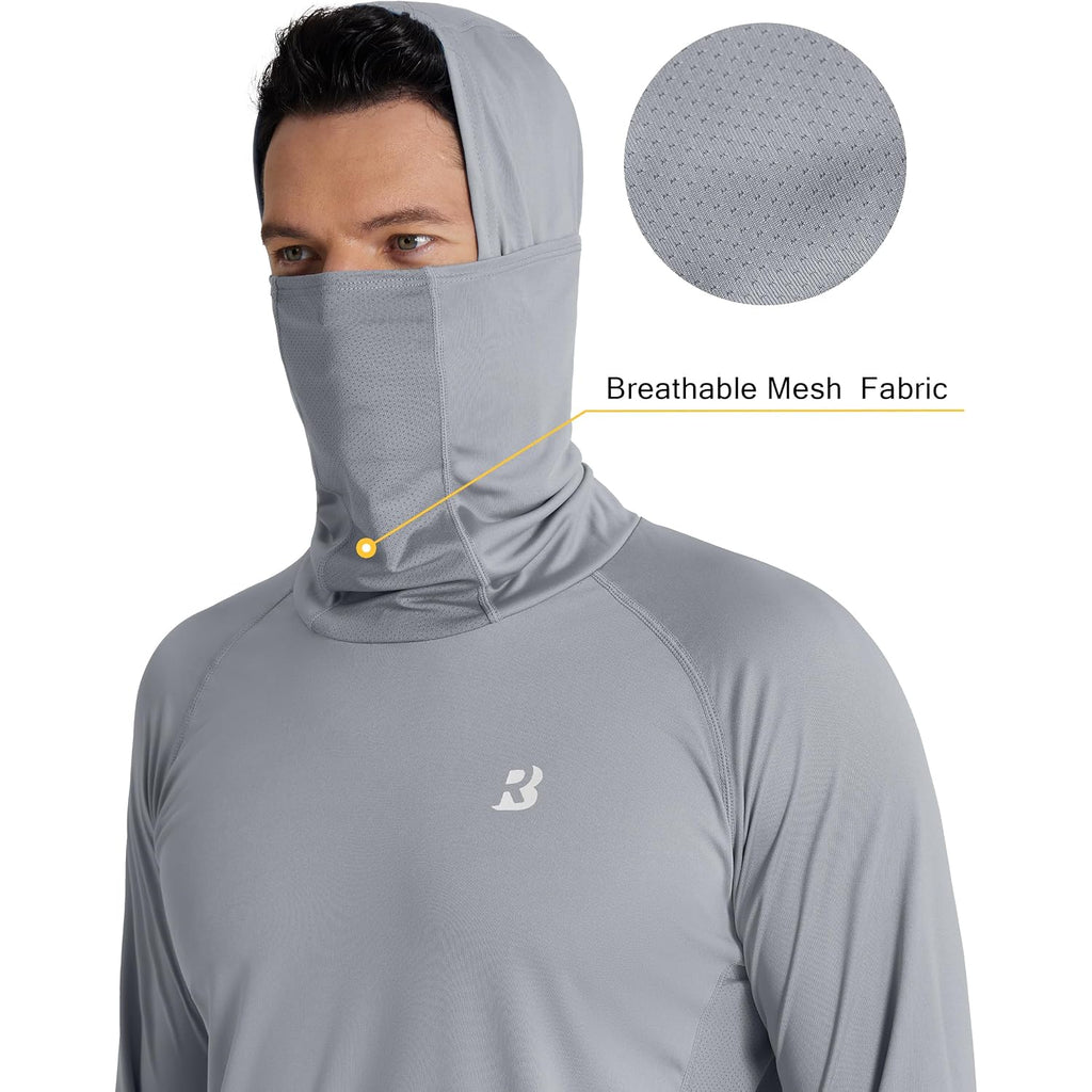 Roadbox Upf 50+ Men'S Hooded Fishing Shirts, Long Sleeve Uv Sun Protection Hoodie Hiking Running Swim Rash Guard With Mask