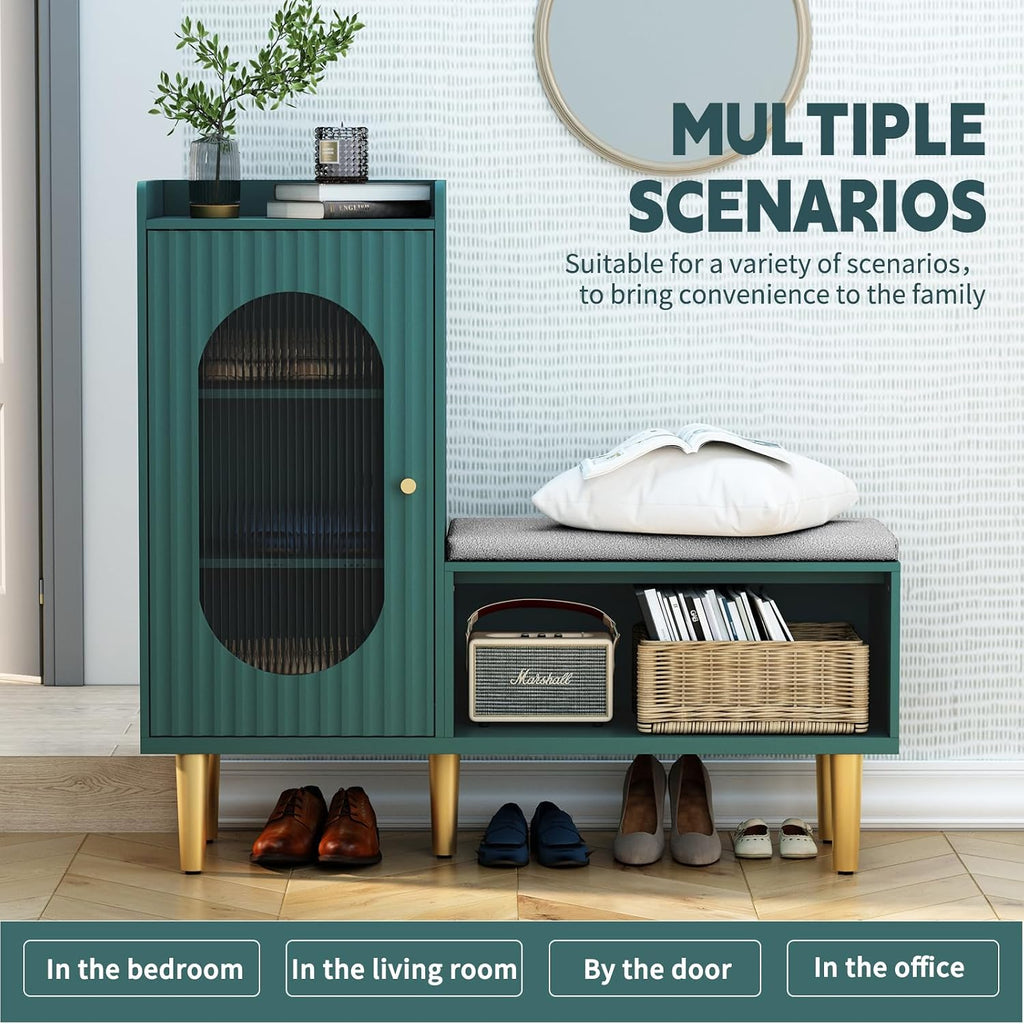 Storage Bench With Glass Door&Shelf, Modern Entryway Shoe Cabinet Bench With Padded Seat, Green L-Shaped Storage Cabinet For Hallway, Bedroom, Living Room, Office