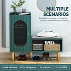 Storage Bench With Glass Door&Shelf, Modern Entryway Shoe Cabinet Bench With Padded Seat, Green L-Shaped Storage Cabinet For Hallway, Bedroom, Living Room, Office