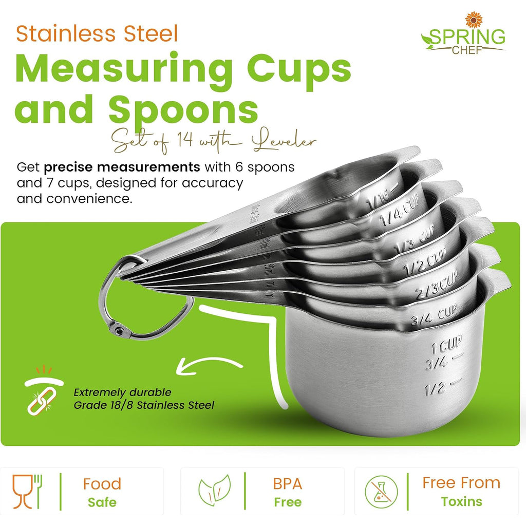 Spring Chef Stainless Steel Measuring Cups And Spoons Set Of 14 With Leveler, Nesting Kitchen Metal Measuring Cups And Spoons Set For Dry And Liquid Ingredients, Perfect For Cooking & Baking