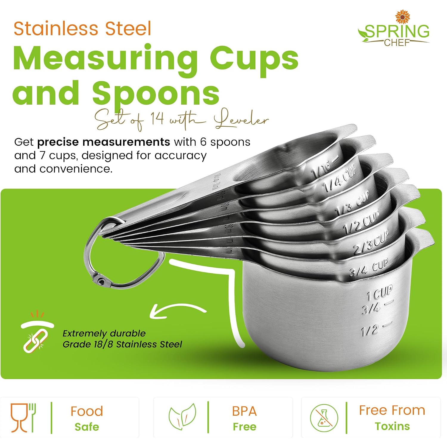 Spring Chef Stainless Steel Measuring Cups And Spoons Set Of 14 With Leveler, Nesting Kitchen Metal Measuring Cups And Spoons Set For Dry And Liquid Ingredients, Perfect For Cooking & Baking