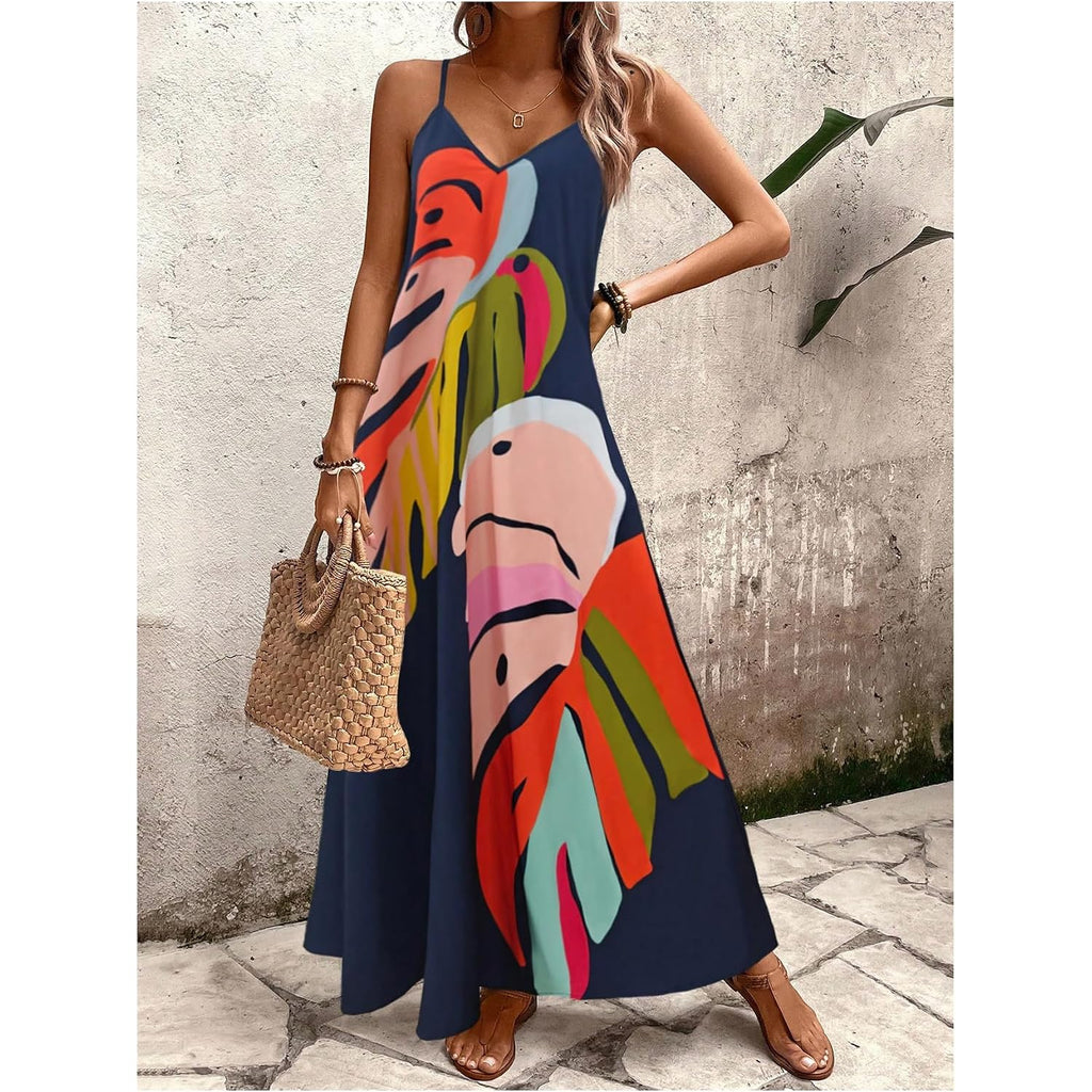 Gorglitter Women'S Sleeveless V Neck Oversized Maxi Long Dress Boho Bump Friendly Graphic Casual Beach Flowy Sun Dress