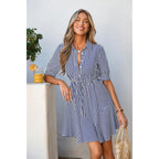 Mascomoda Womens Puff Short Sleeve Striped Mini Summer Dress Spring Casual V Neck Button Down A Line Short Work Shirt Dresses