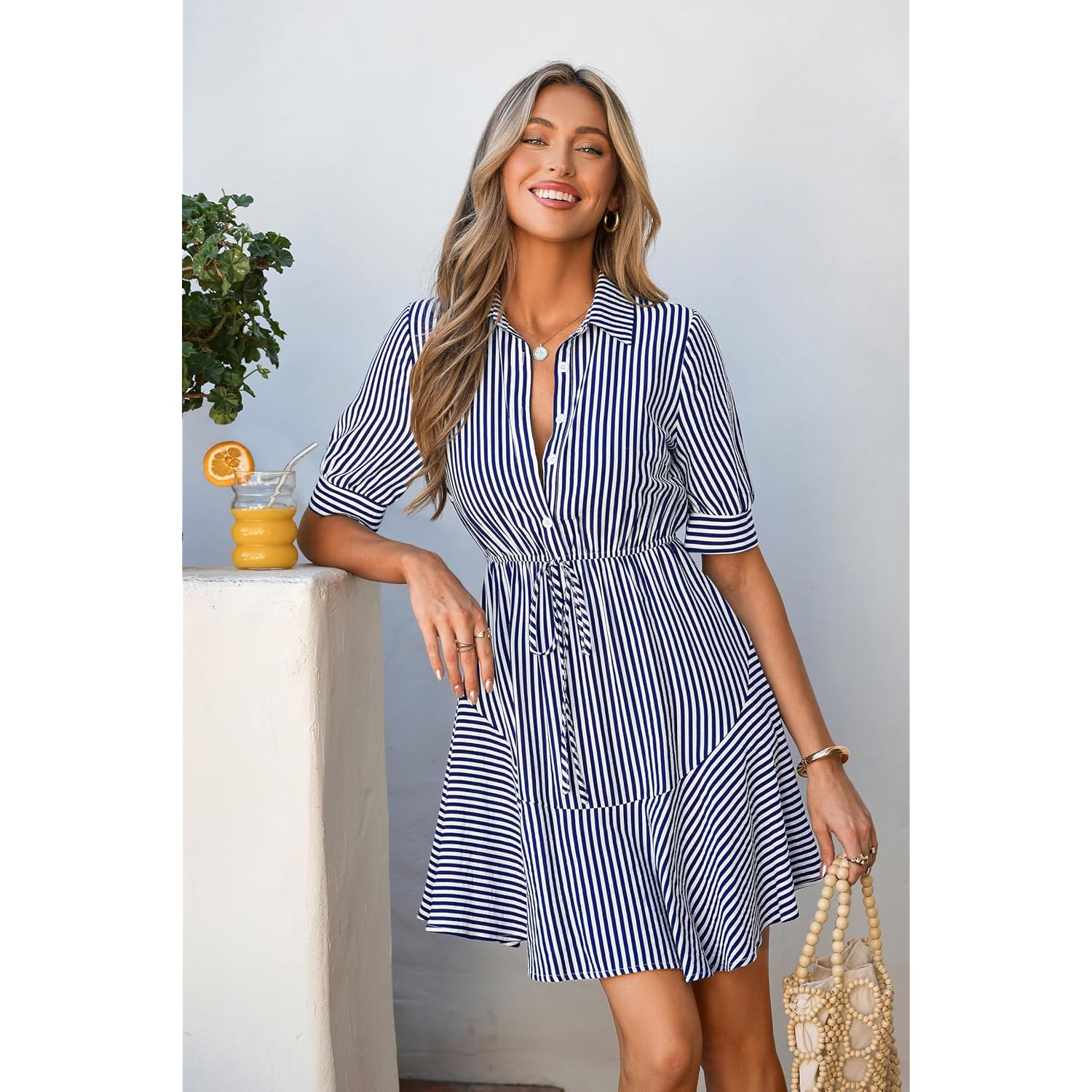 Mascomoda Womens Puff Short Sleeve Striped Mini Summer Dress Spring Casual V Neck Button Down A Line Short Work Shirt Dresses