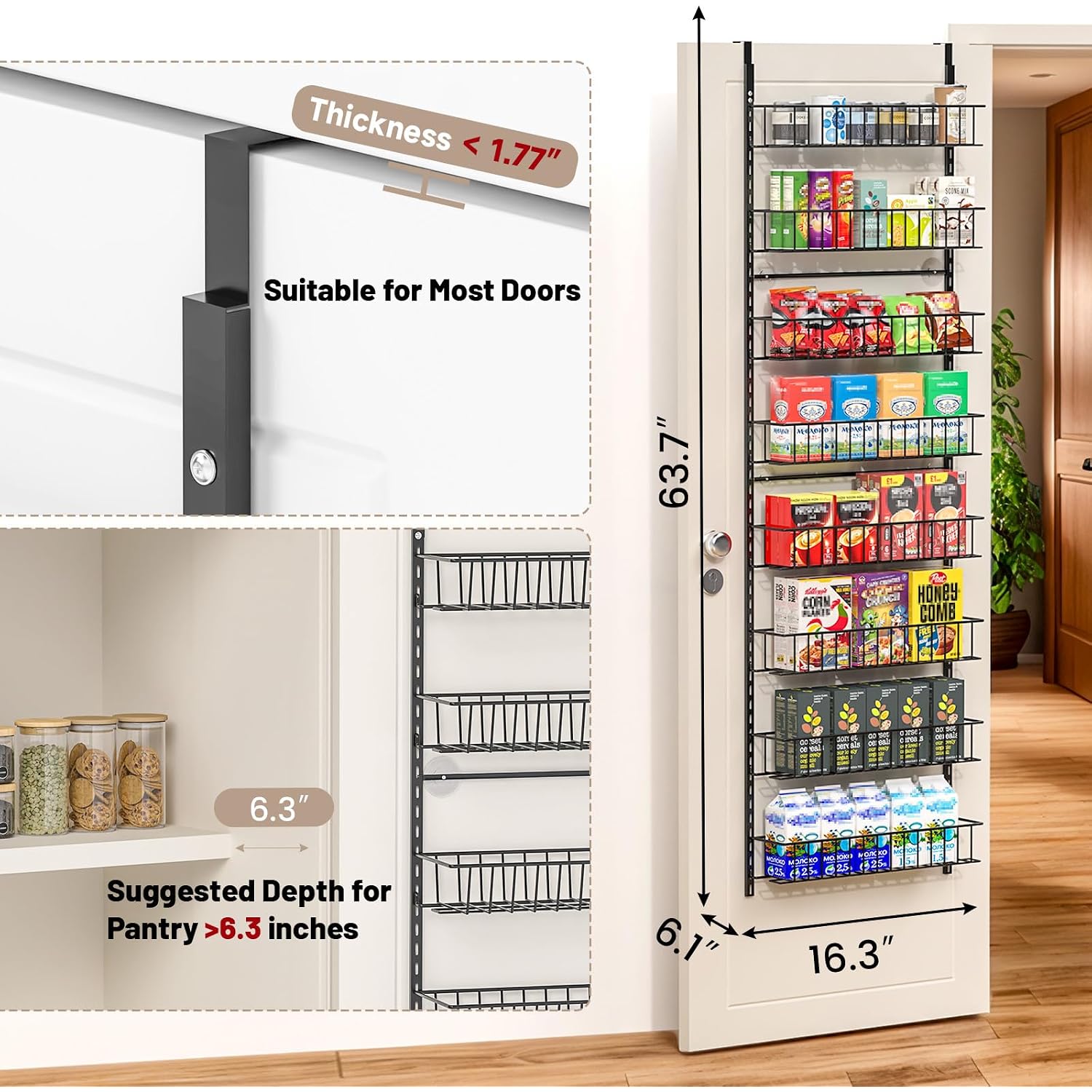 Elegantarray 8-Tier Pantry Door Organizer, Over The Door Pantry Organizer Rack And Storage, Hanging Spice Rack Shelves Door, Home Office Laundry Room Bathroom & Kitchen Organization Essentials Metal